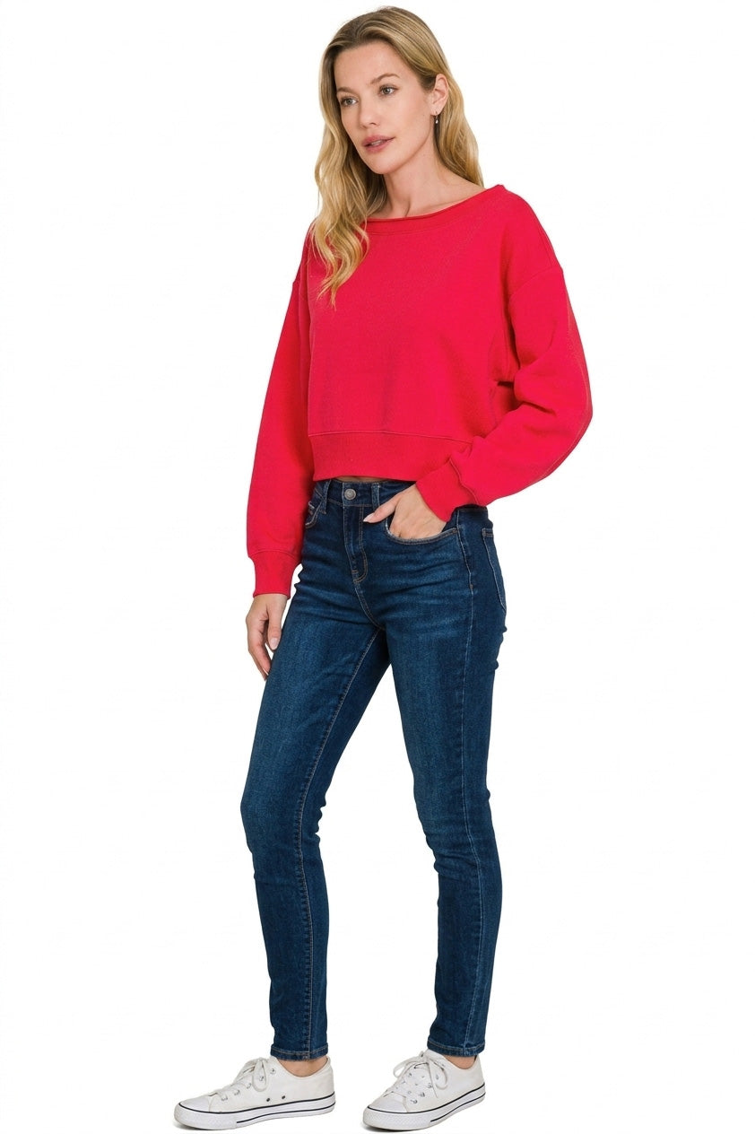 Cropped boat-neck sweatshirt with ribbed cuffs and hem