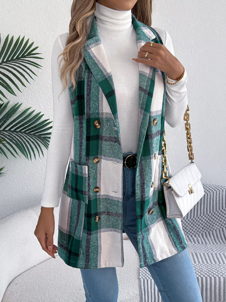 Plaid double-breasted longline vest coat with notched lapel