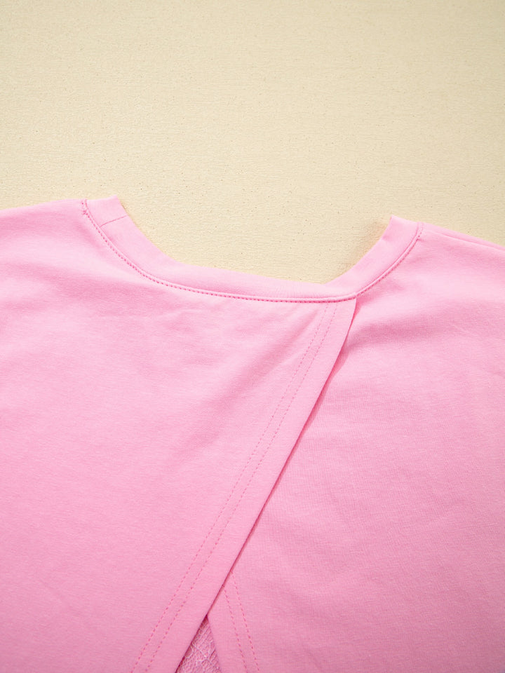 Oversized tee with floral lace back and sleeve trim