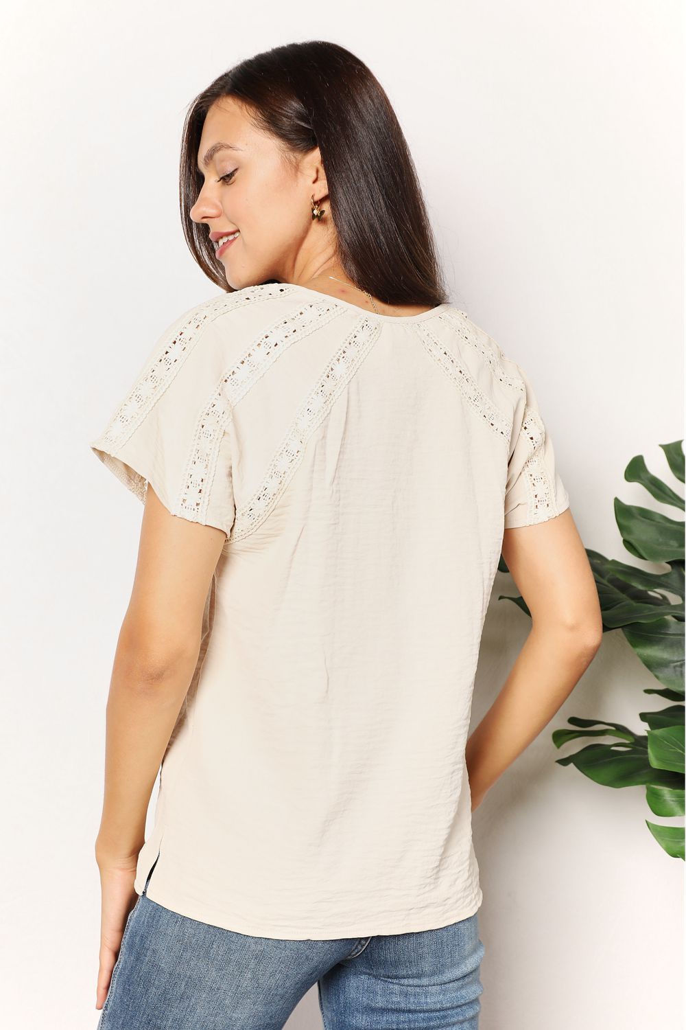Crochet trim pintuck short sleeve top with button placket