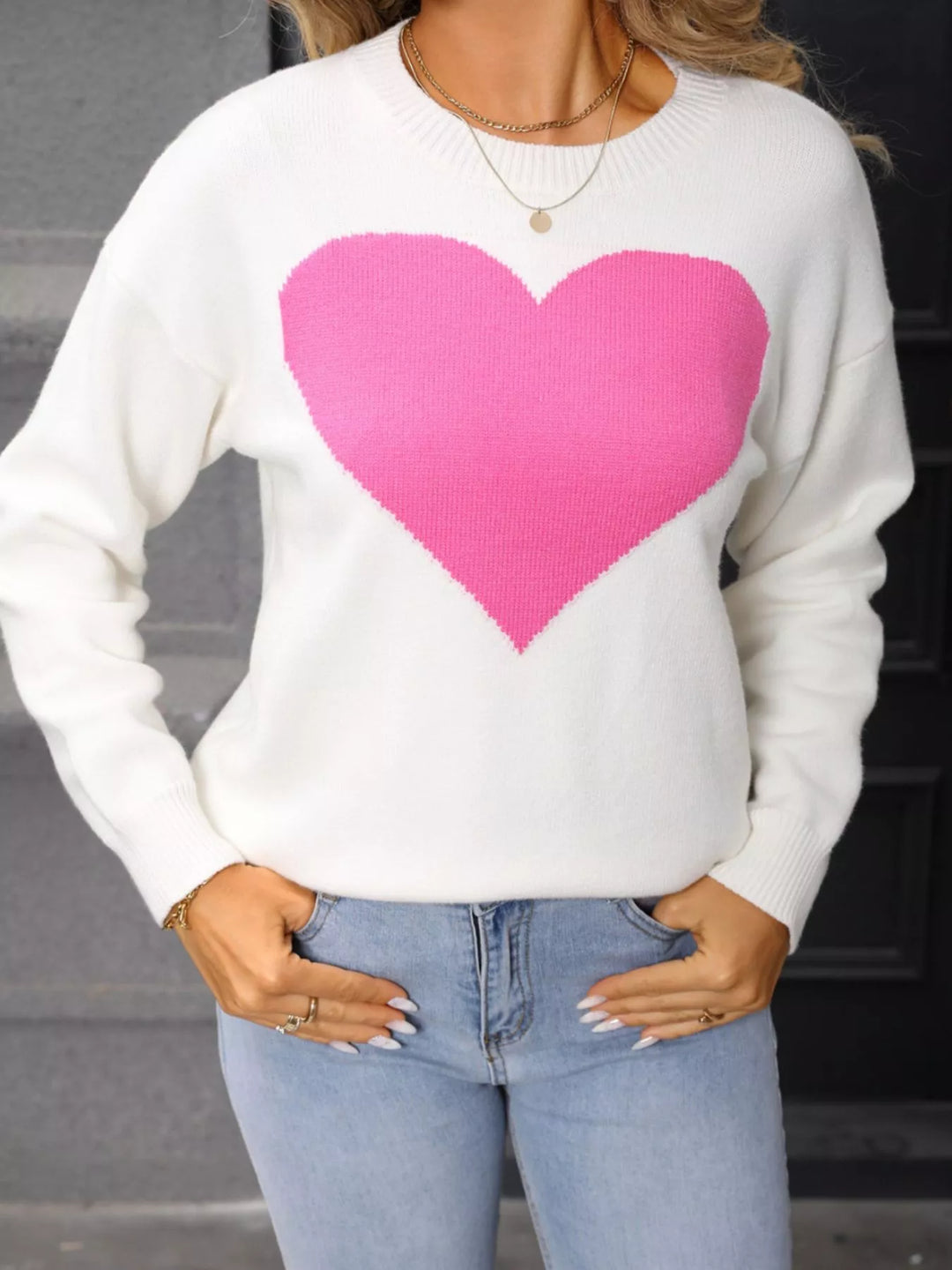 Heart intarsia dropped-shoulder crewneck sweater