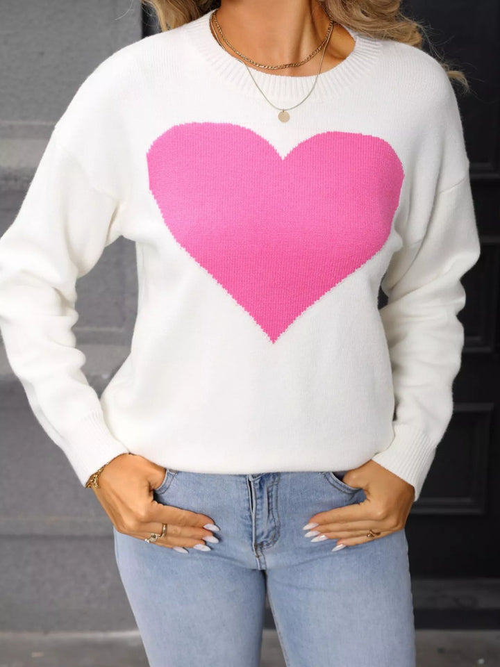 Heart intarsia dropped-shoulder crewneck sweater