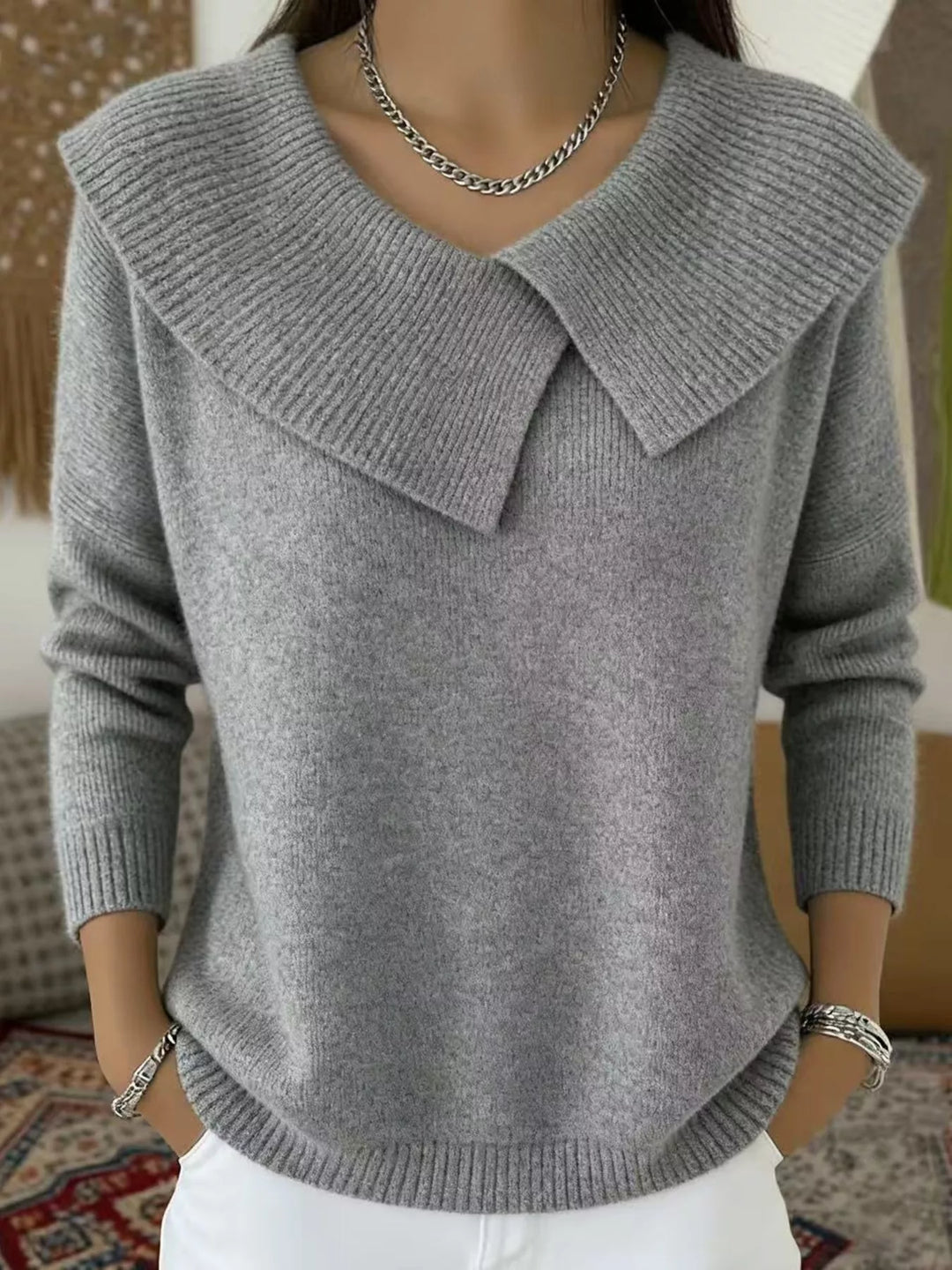 Grey Oversized wide-collar ribbed knit sweater