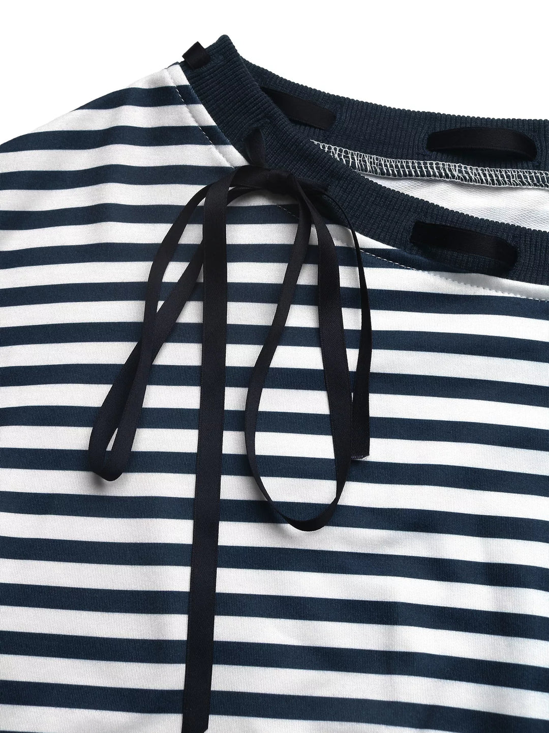 Striped off-shoulder sweatshirt with ribbon tie
