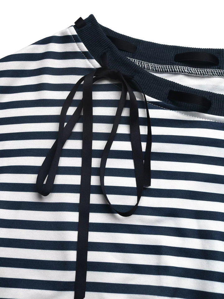 Striped off-shoulder sweatshirt with ribbon tie