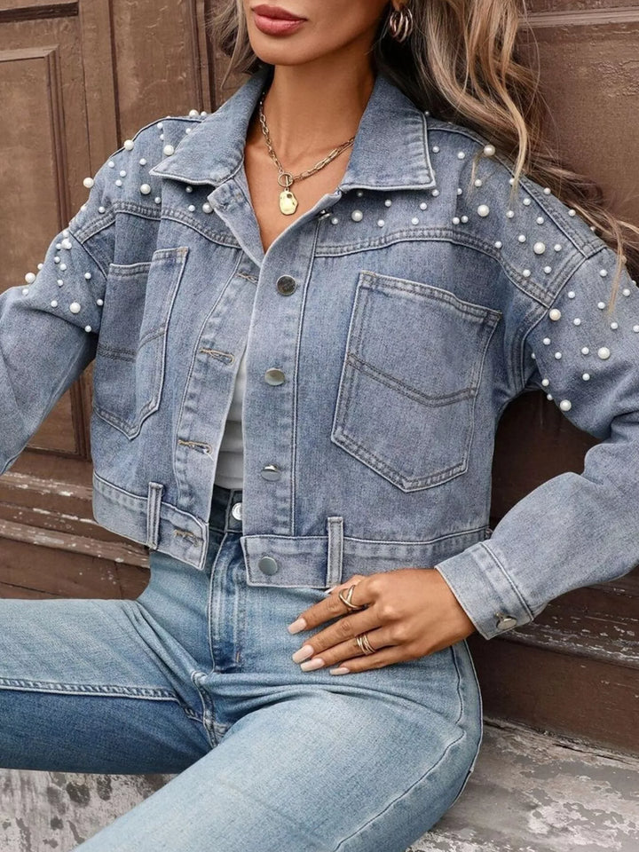 Pearl-embellished cropped denim jacket with patch pockets