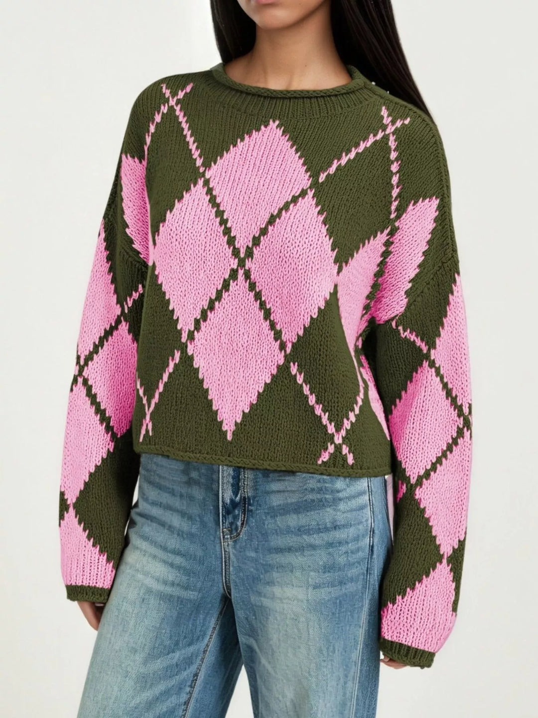 Argyle knit dropped shoulder sweater with ribbed trim
