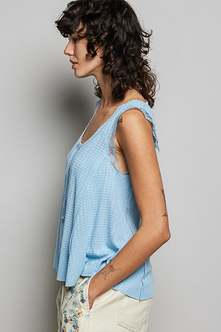 Textured knit tank with lace trim and button placket