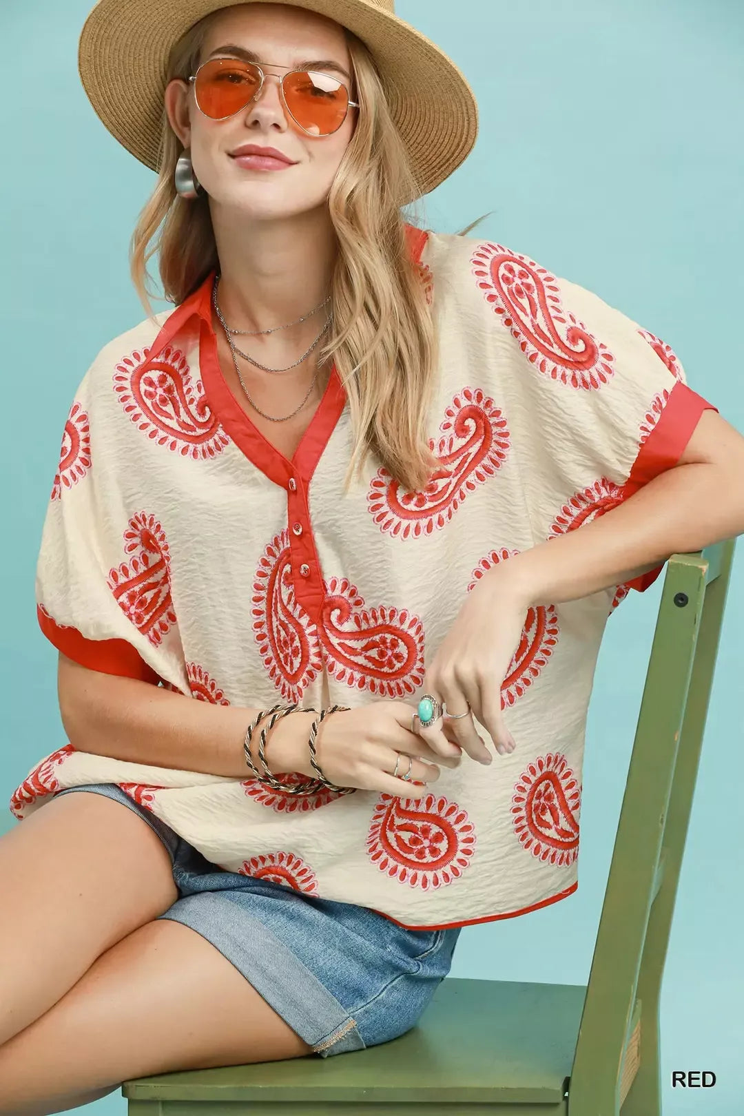 Paisley print short sleeve top with contrast trim
