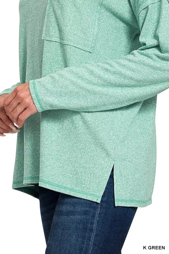 Oversized melange Hacci knit long sleeve top with chest pocket