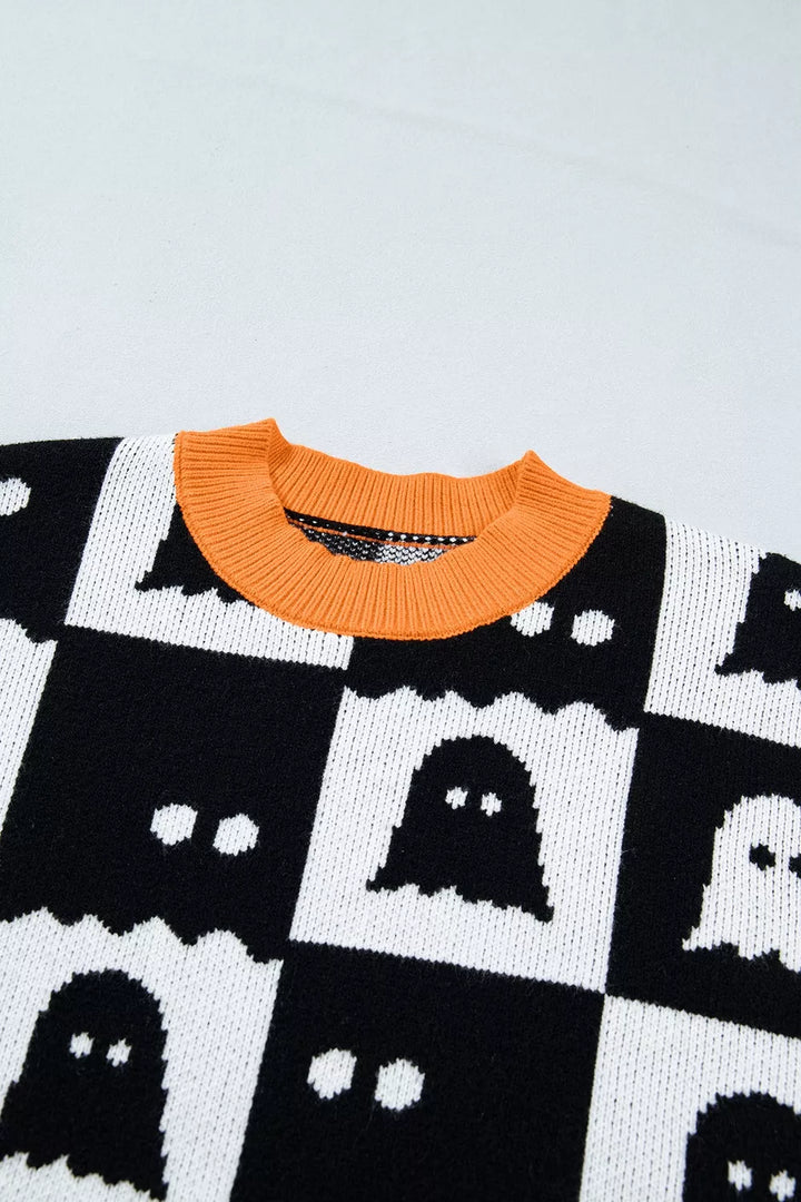 Ghost checkerboard knit sweater with contrast ribbed trim