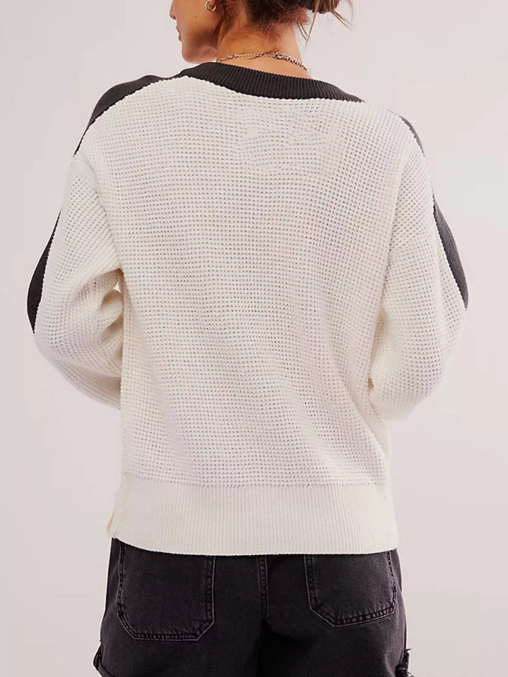 Color block waffle-knit crew sweater with striped sleeves