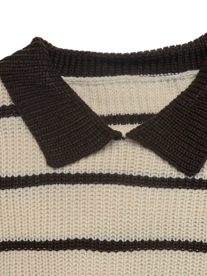 Striped waffle knit polo sweater with contrast collar