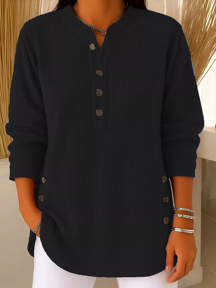 Black Ribbed half-button henley top with side buttons