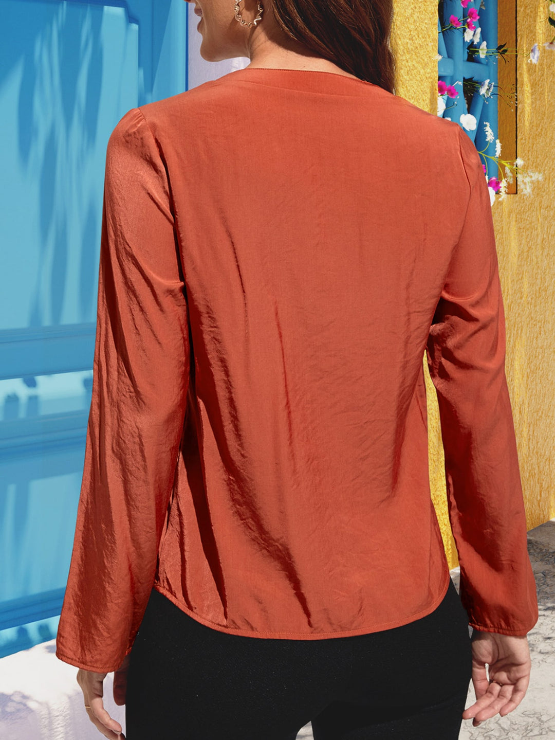 Notched neck roll-tab sleeve blouse with chest pockets