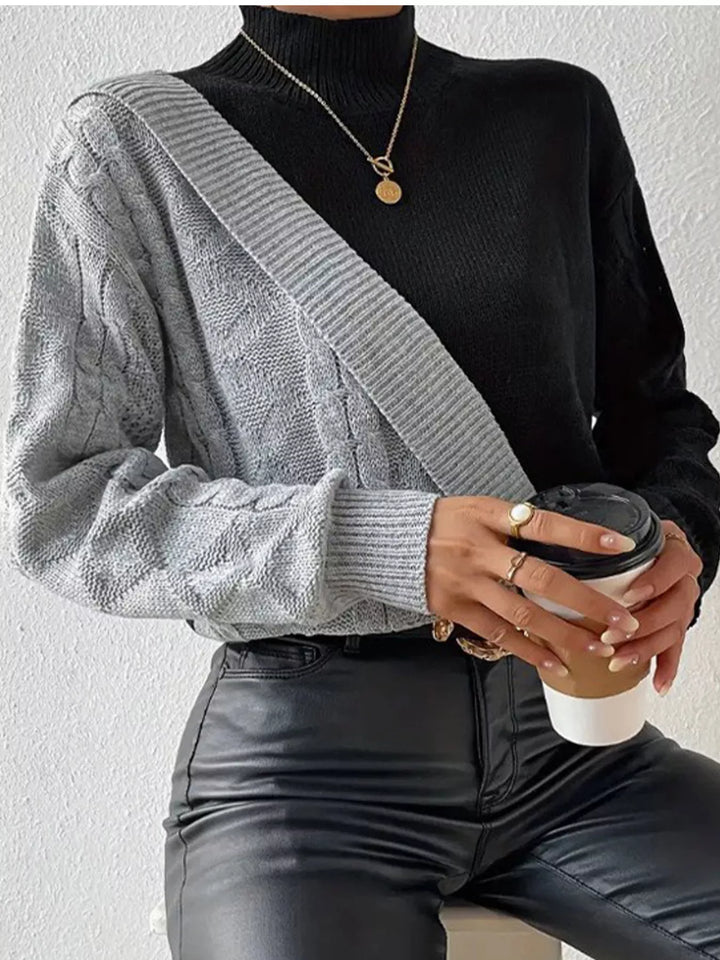 Diagonal color block cable knit mock neck sweater