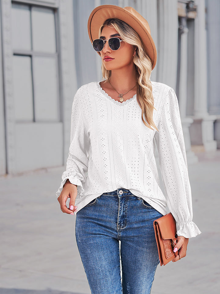 White Eyelet openwork V-neck blouse with flounce sleeves