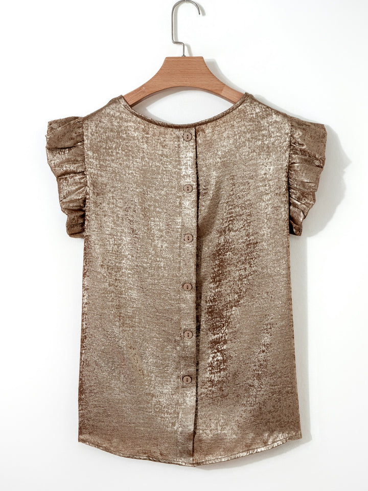 Metallic ruffle cap sleeve round neck top