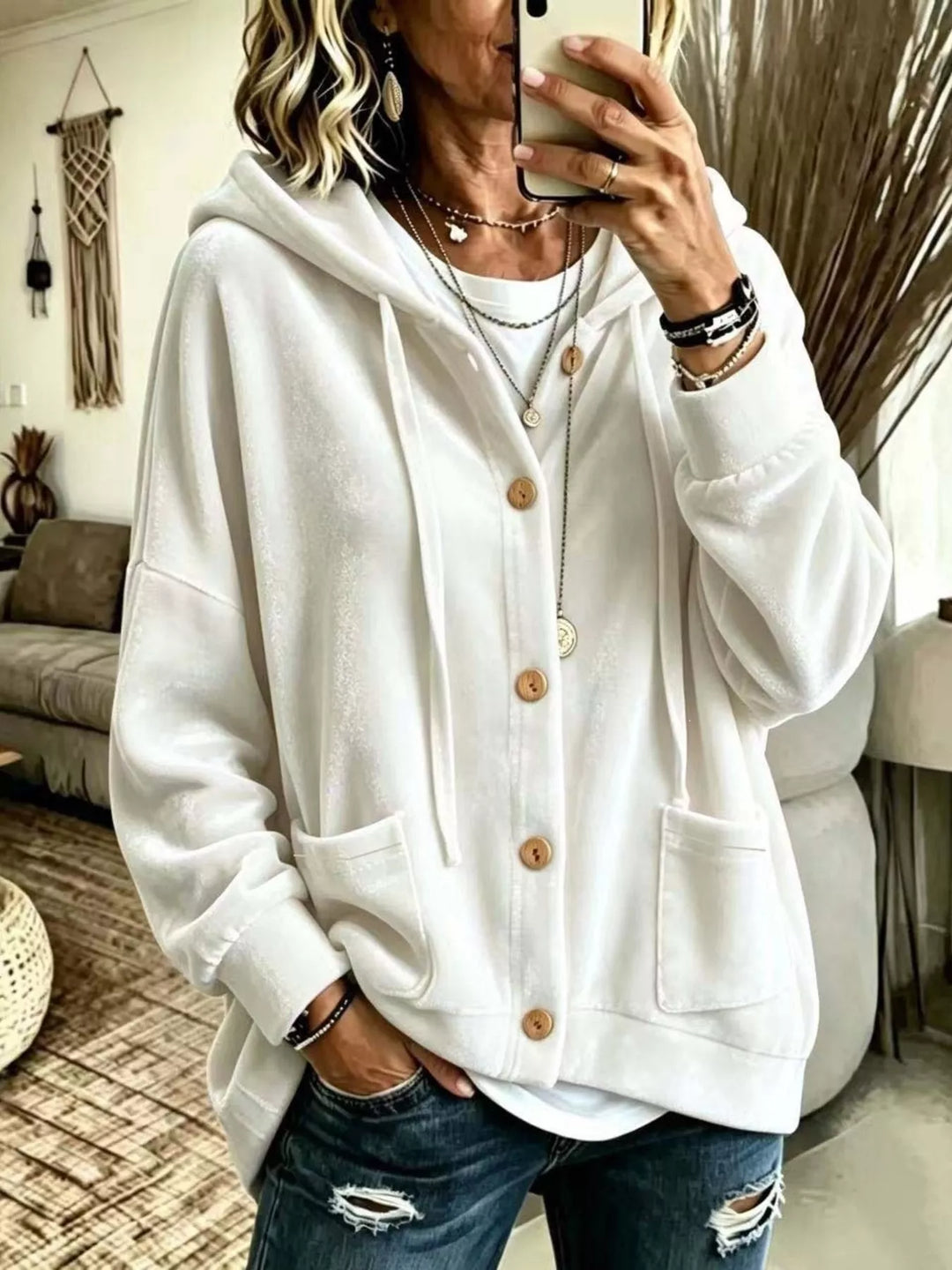 White Oversized hooded button-up jacket with patch pockets