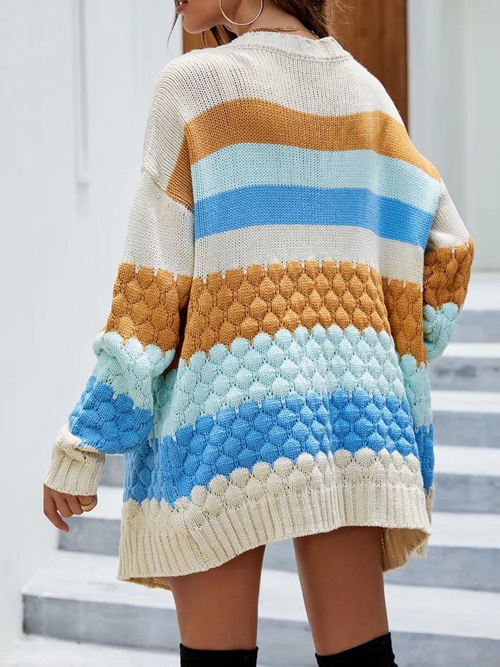 Chunky knit color block open front longline cardigan