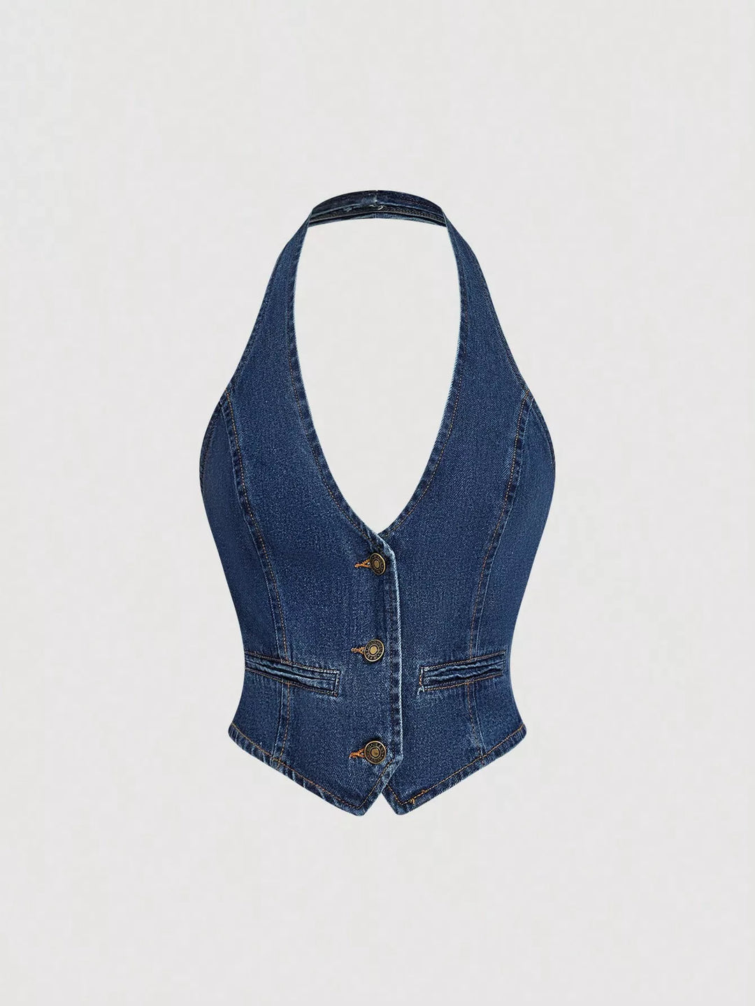 Halter denim vest and wide-leg jeans two-piece set