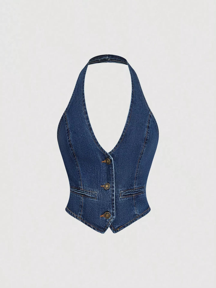Halter denim vest and wide-leg jeans two-piece set