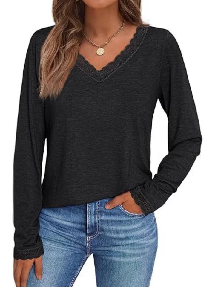 Lace trim V-neck long sleeve top with lace cuffs