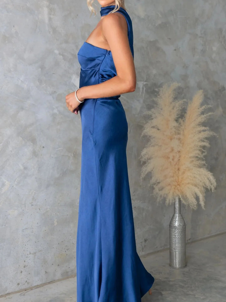 Strapless satin maxi dress with neck scarf tie