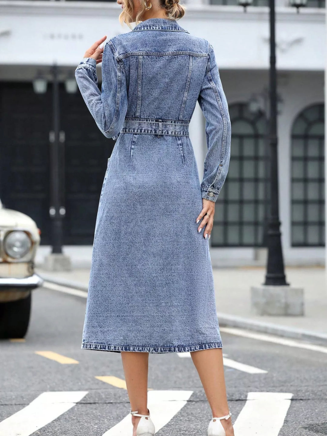 Belted button-front midi denim shirt dress with pockets