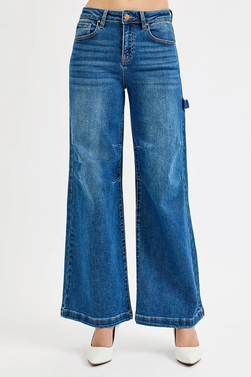 DARK High-rise wide leg carpenter jeans with patch detail
