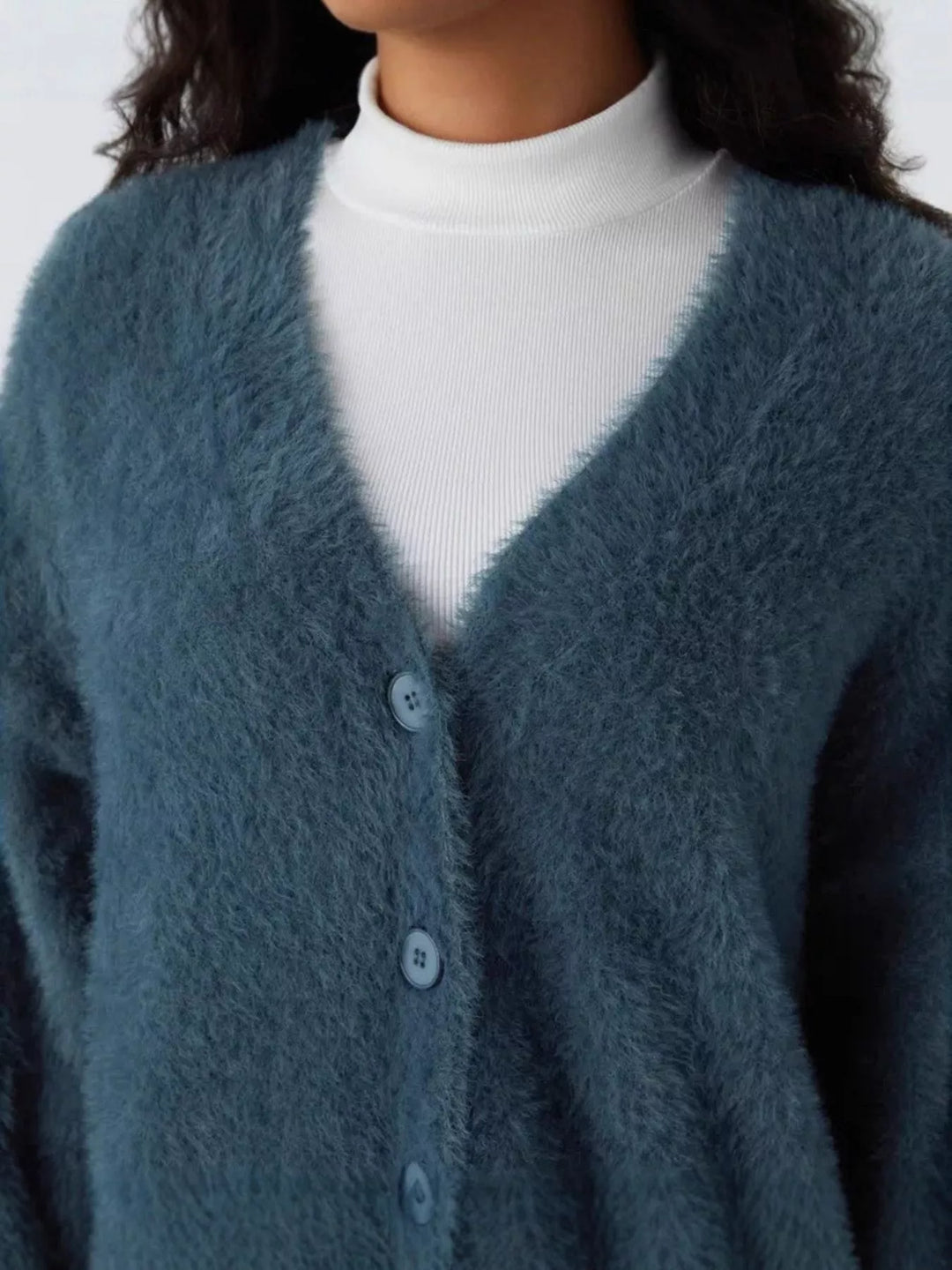 Fuzzy knit V-neck button-down cardigan