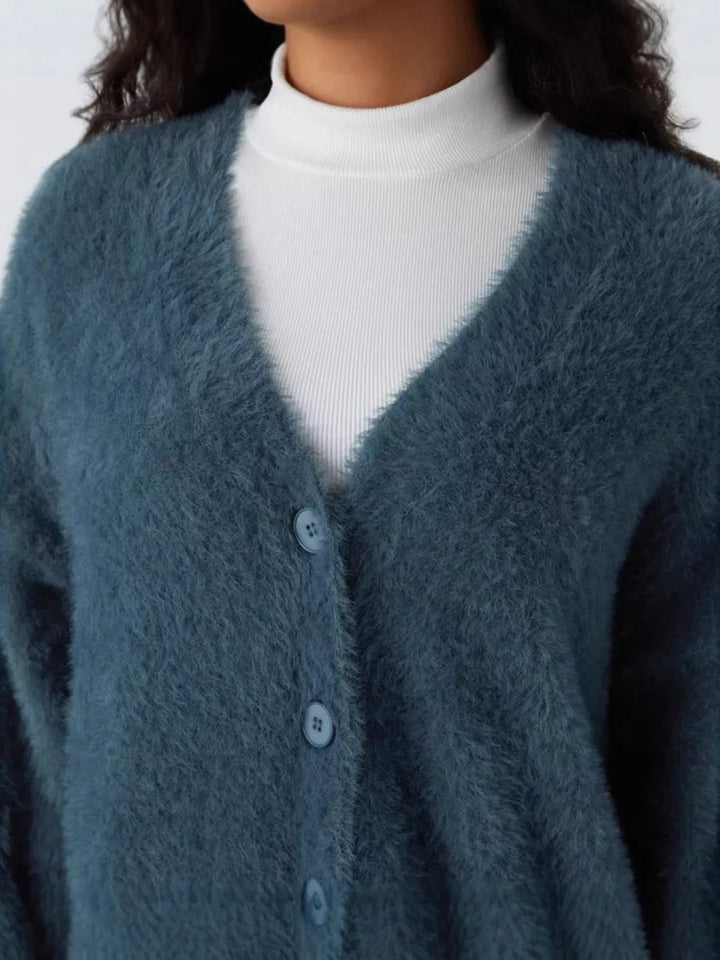 Fuzzy knit V-neck button-down cardigan