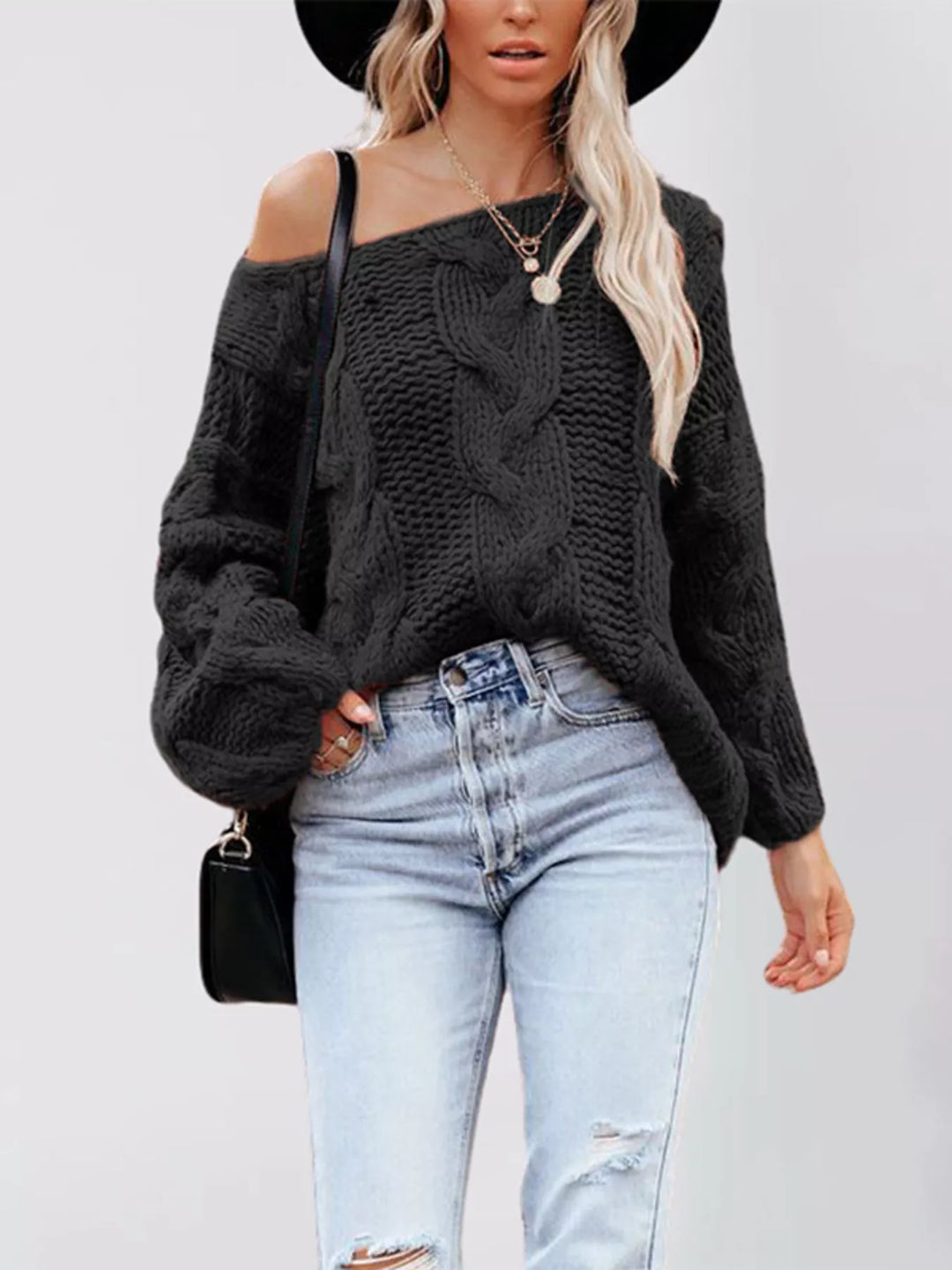 Black Oversized chunky cable knit pullover with wide boat neck