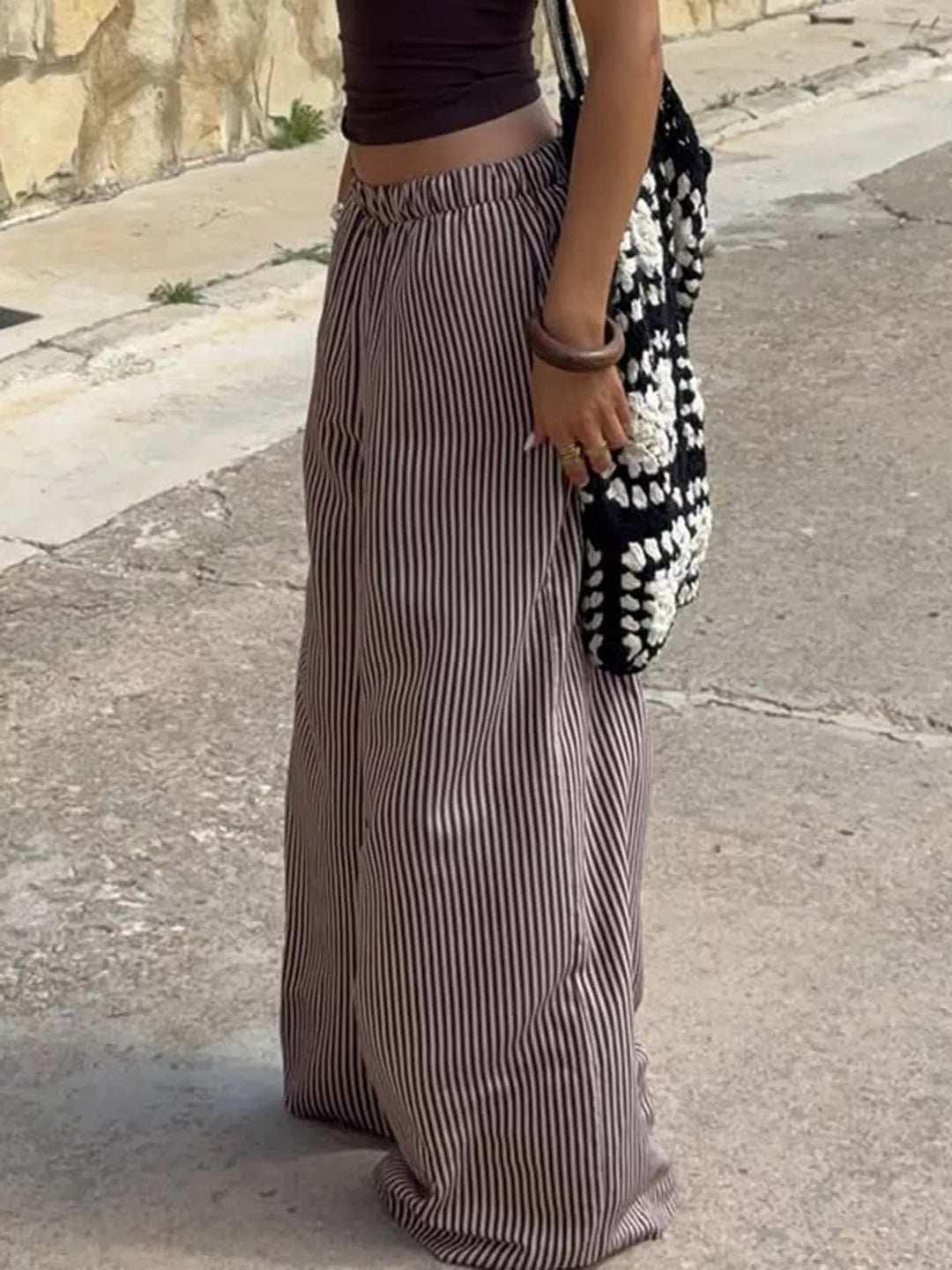 Striped wide-leg pants with drawstring tie waist