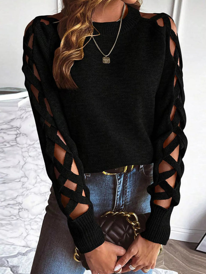 Black Criss-cross cutout sleeve crew neck knit sweater