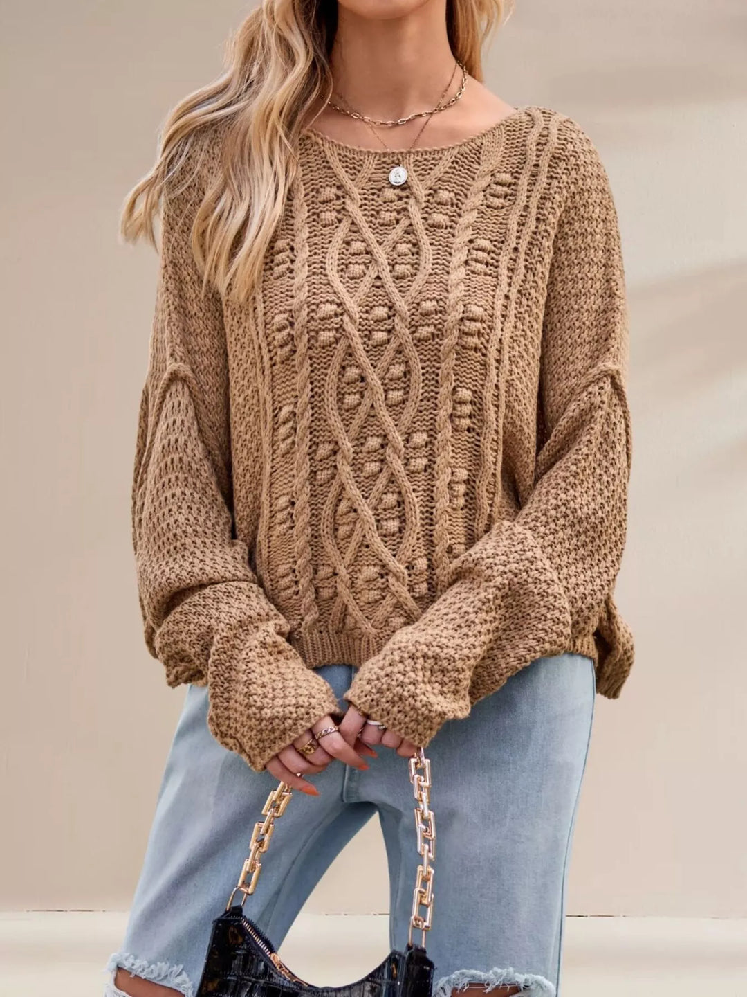 Khaki Cable knit drop shoulder sweater with boat neck