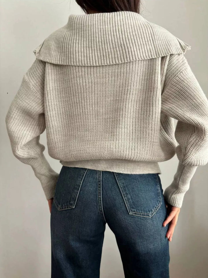 Chunky two-way zip sweater jacket with foldover collar