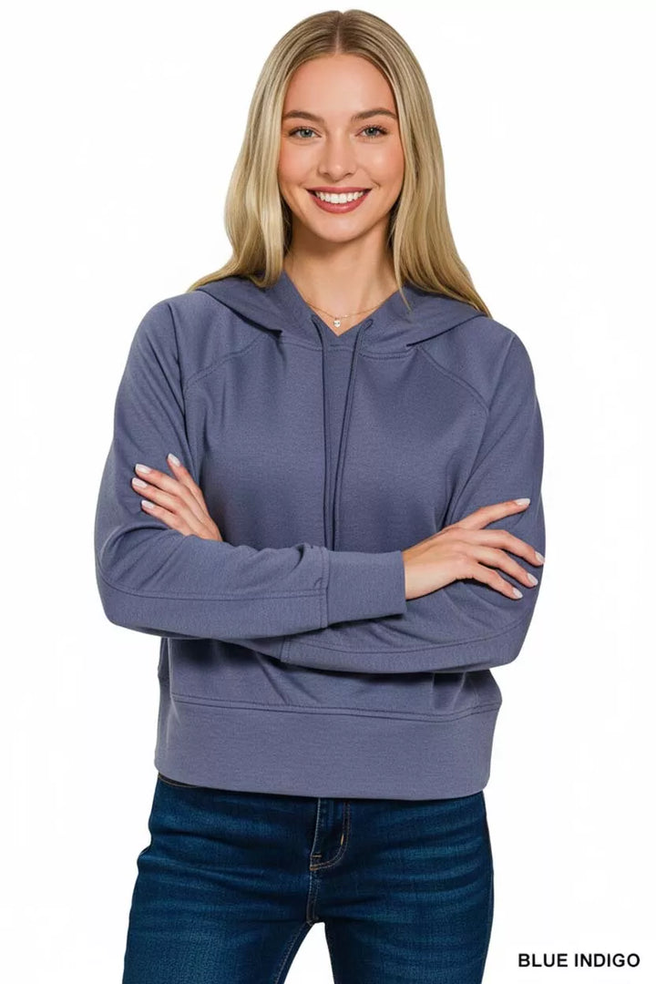 BLUE INDIGO Drawstring scuba knit pullover hoodie with split neck