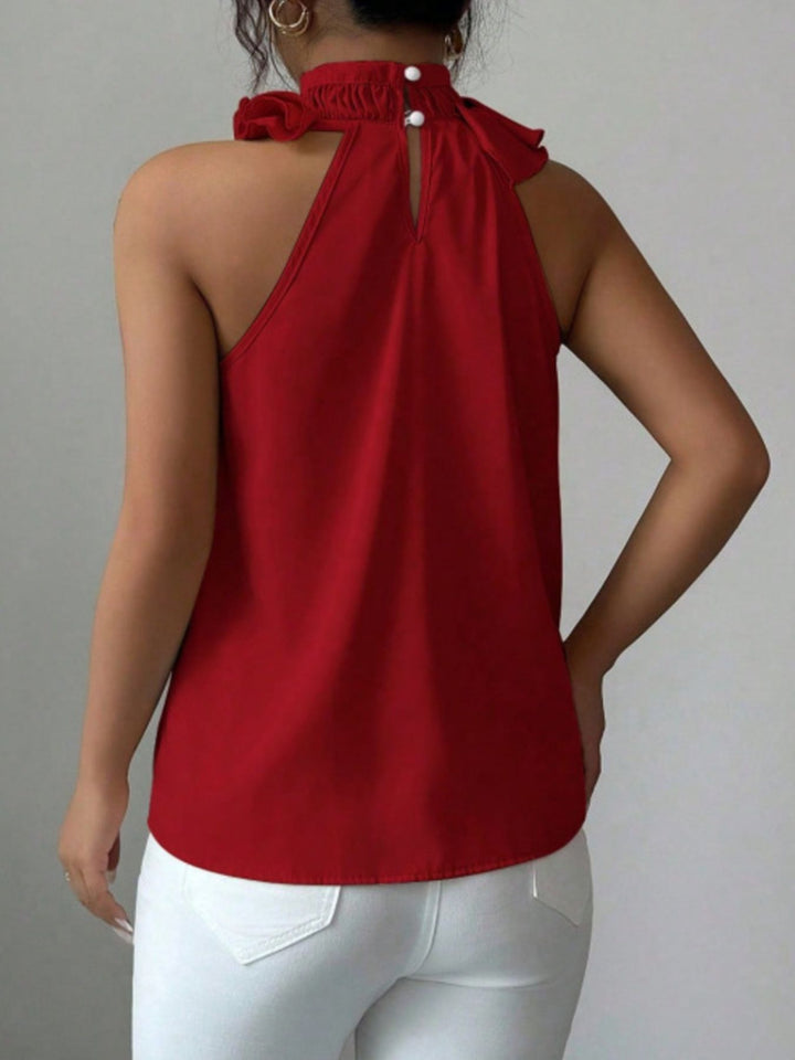 Flowy ruffle-trim high-neck sleeveless blouse