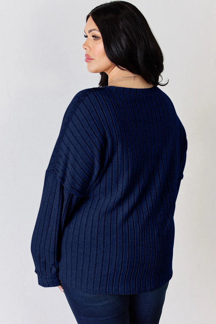 Ribbed knit half-button henley long sleeve top
