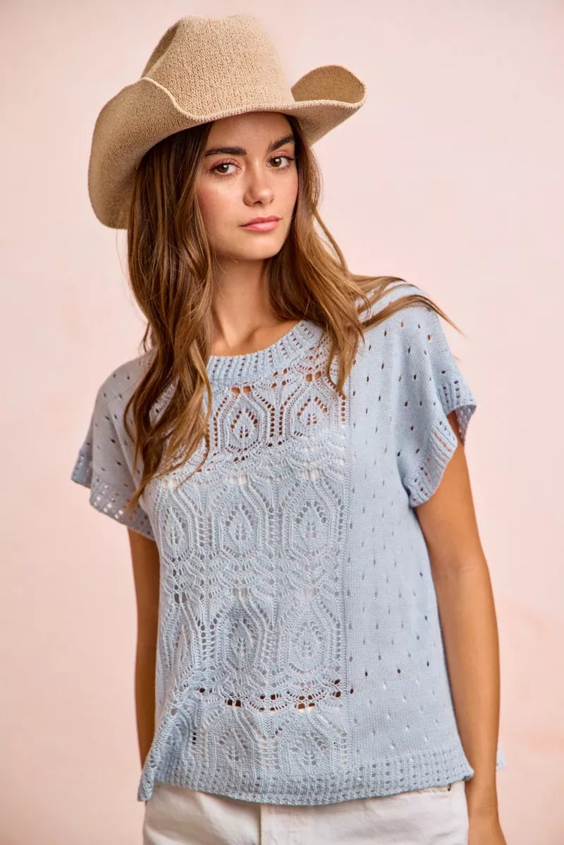 Washed eyelet openwork knit short sleeve top
