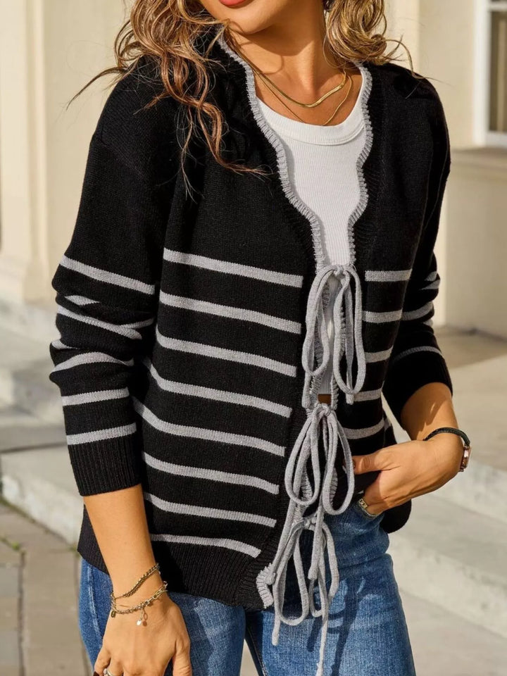 Black Striped tie-front knit cardigan with contrast trim