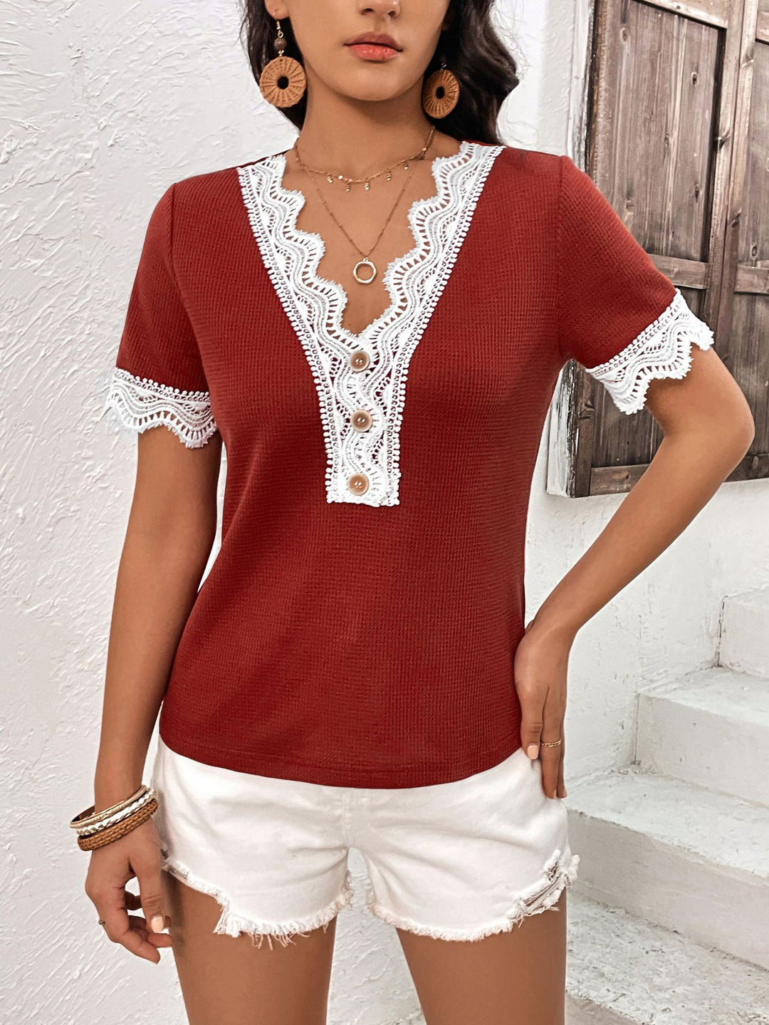 Lace-trim V-neck short sleeve top with button placket