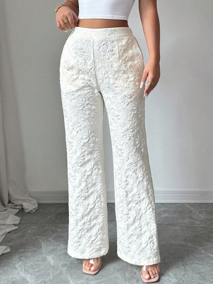 Textured floral high-rise wide-leg pants with pockets