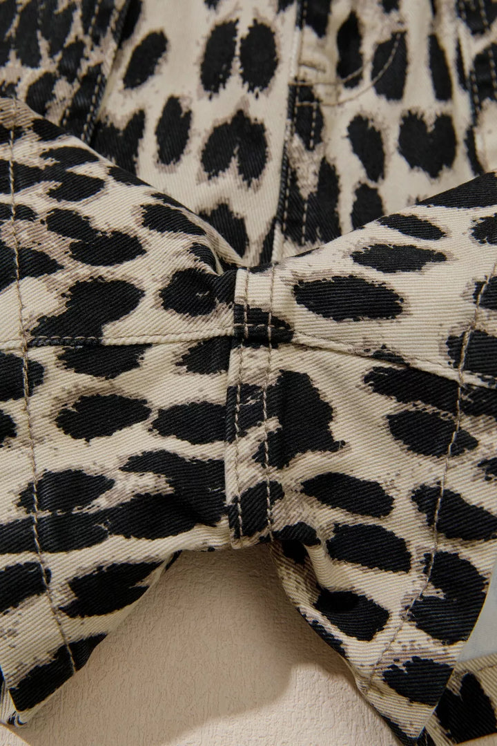 Leopard print drawstring elastic waist denim shorts