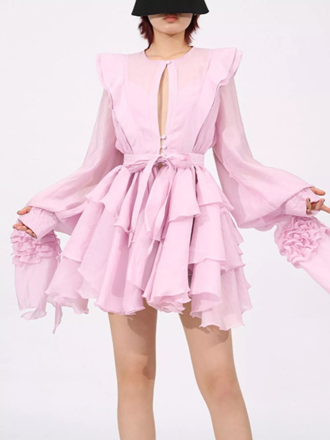 Tiered ruffle chiffon mini dress with puff sleeves
