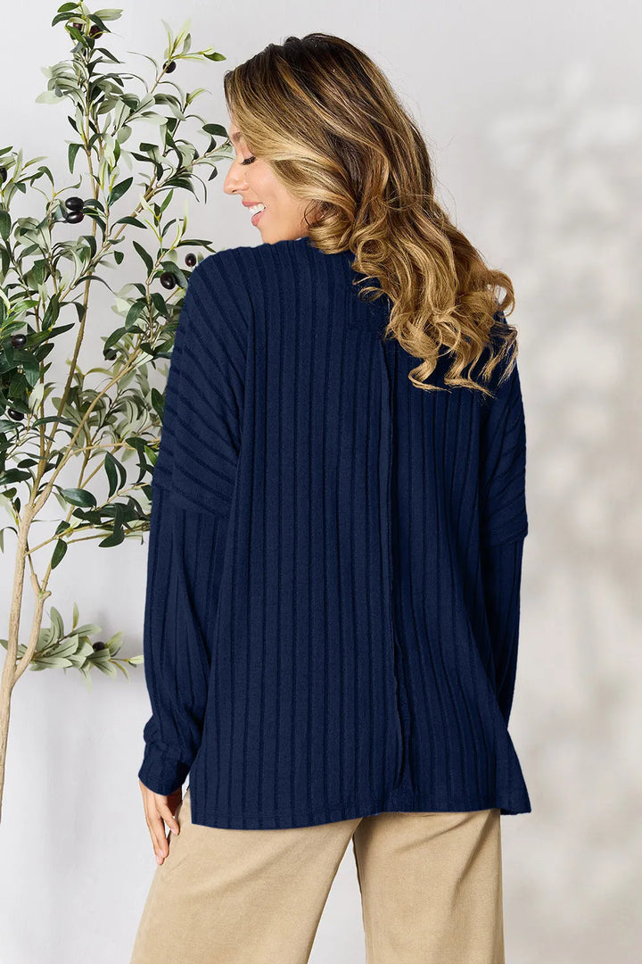 Ribbed knit round neck tunic top with side slits