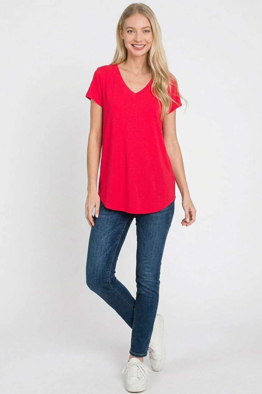 Short sleeve V-neck rayon top with curved round hem