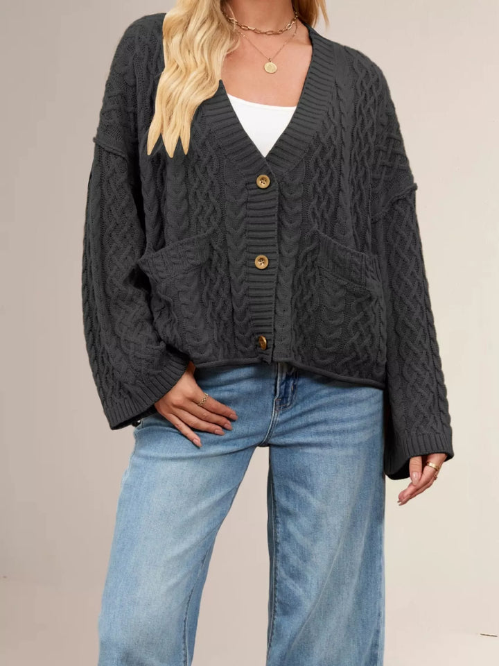 Black Cable knit button-front cardigan with patch pockets