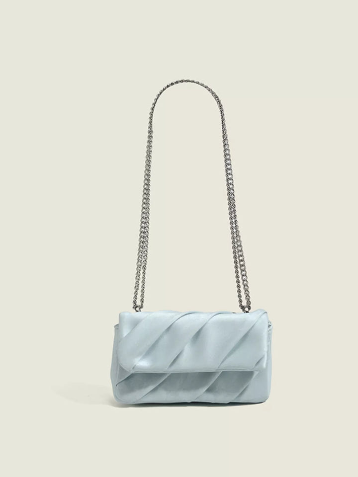 Ruched mini flap crossbody bag with silver chain strap